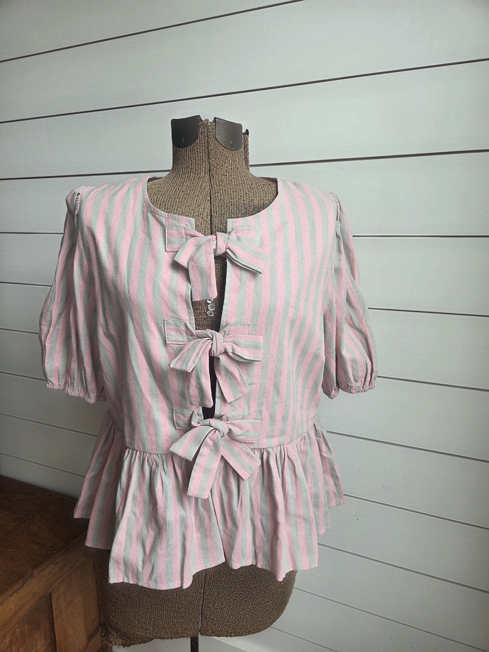 Women’s Pink and White Striped Tie-Front Peplum Blouse